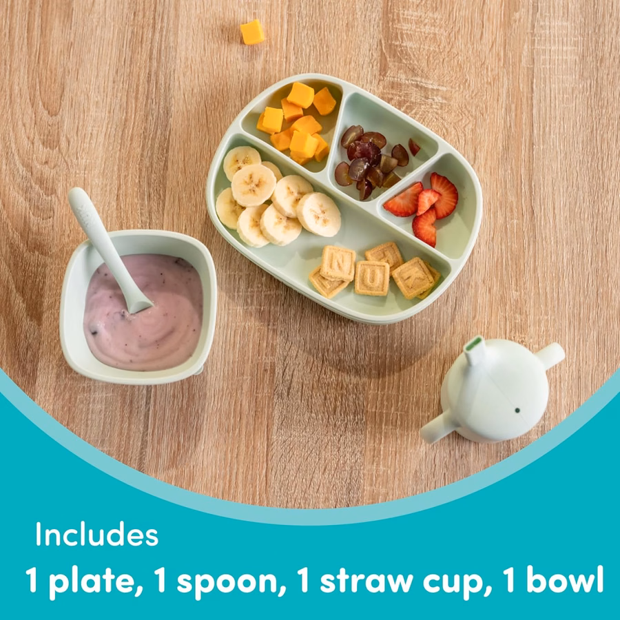 Juego de vajilla de silicona para bebé NUK, incluye 1 plato, 1 tazón, 1 taza y 1 cuchara, función de succión duradera que ayuda a reducir los derrames, apto para microondas, libre de BPA: Bebé