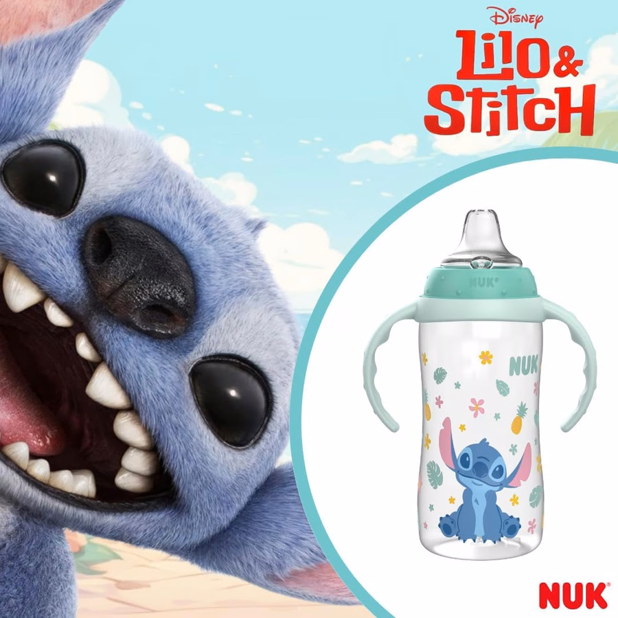 Vaso de aprendizaje NUK, 295 ml, paquete de 2, Stitch de Disney – Boquilla suave, asas de fácil agarre, sin BPA, vaso de transición a prueba de derrames: Bebé