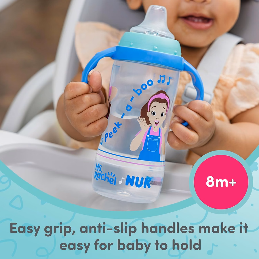 Vaso de aprendizaje NUK, Sra. Rachel, 295 ml, 8+ meses, paquete de 2 – Boquilla suave, asas de fácil agarre, sin BPA, vaso de transición a prueba de derrames: Bebé