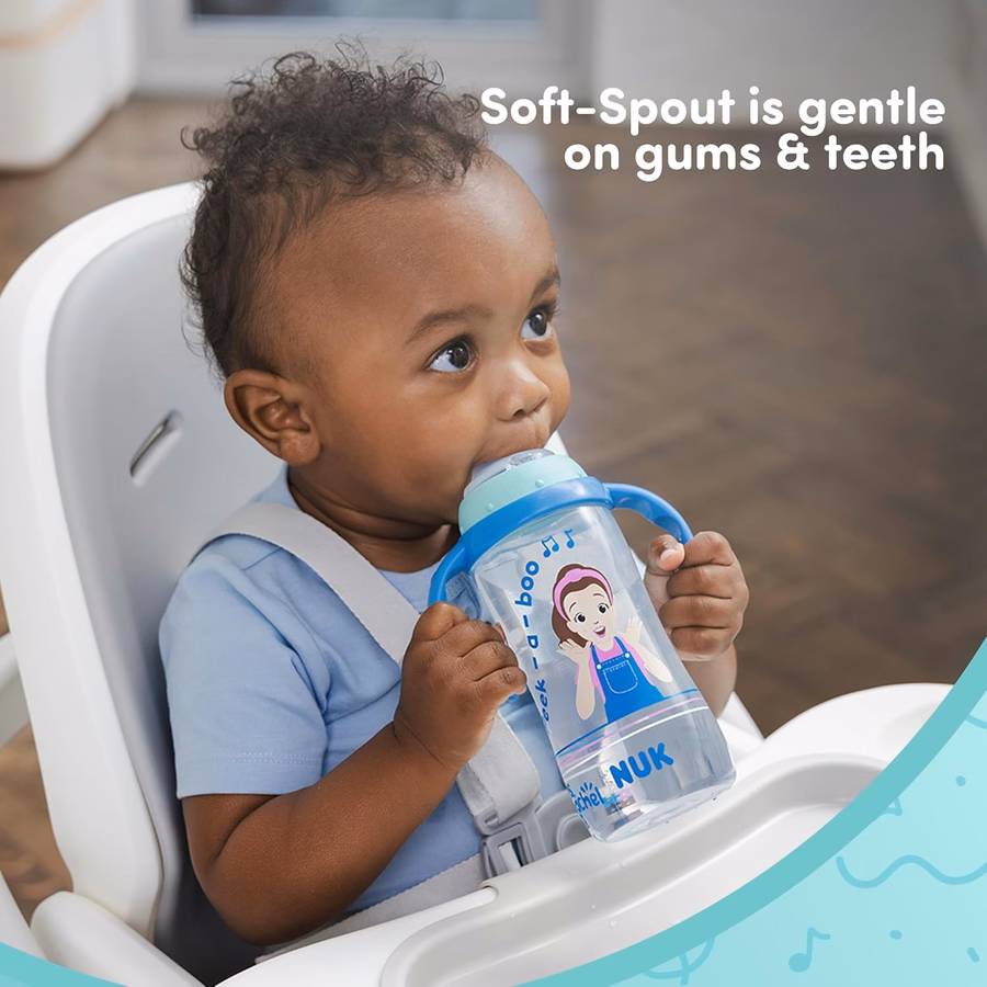 Vaso de aprendizaje NUK, Sra. Rachel, 295 ml, 8+ meses, paquete de 2 – Boquilla suave, asas de fácil agarre, sin BPA, vaso de transición a prueba de derrames: Bebé