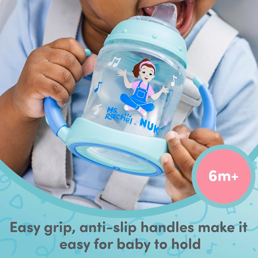 Vaso de aprendizaje NUK, Sra. Rachel, 148 ml, 6+ meses, paquete de 2 – Boquilla suave, asas de fácil agarre, sin BPA, vaso de transición a prueba de derrames: Bebé