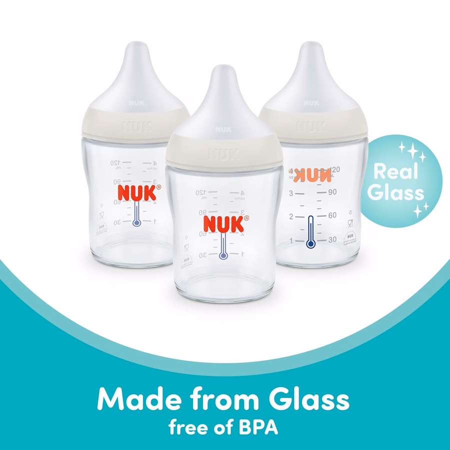 Biberón de vidrio NUK Perfect Match Natural + anticólico, 120 ml. Biberones de vidrio para bebés con indicador de temperatura SafeTemp, artículos esenciales para recién nacidos, paquete de 3: Bebé