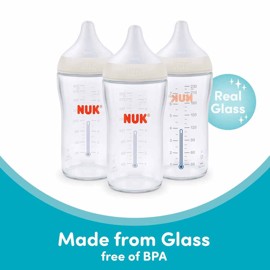Biberón de vidrio NUK Perfect Match Natural + anticólico, 237 ml. Biberones de vidrio para bebés con indicador de temperatura SafeTemp, artículos esenciales para recién nacidos, paquete de 3: Bebé