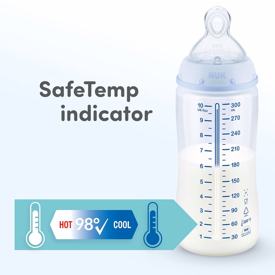 Biberón anticólico NUK First Choice Smooth Flow, color melocotón, 295 ml. Biberón con indicador de temperatura SafeTemp, artículos esenciales para recién nacidos, paquete de 4: Bebé