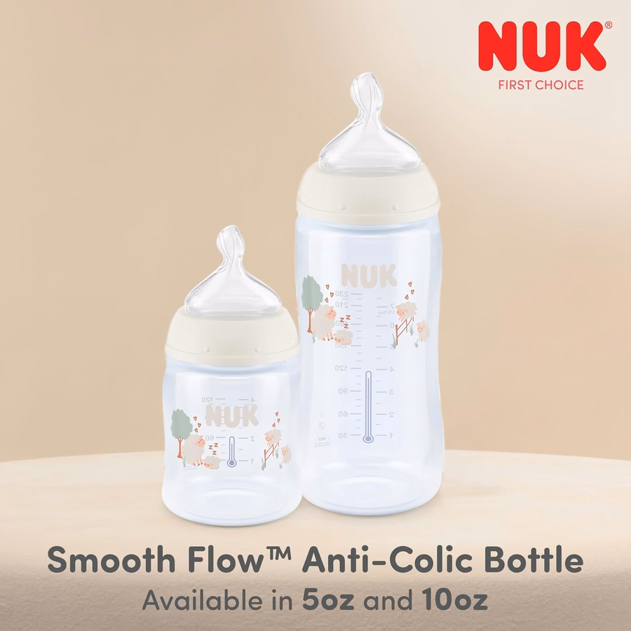 Biberón anticólico NUK First Choice Smooth Flow, color melocotón, 295 ml. Biberón con indicador de temperatura SafeTemp, artículos esenciales para recién nacidos, paquete de 4: Bebé